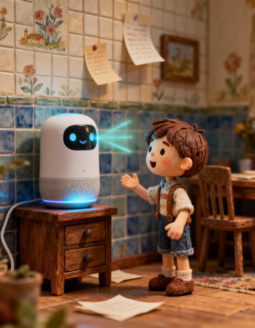 Илюстрация на дете, взаимодействащо с AI асистент