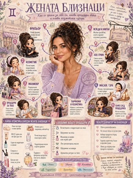 AI инфографика за жена Близнаци и динамичен beauty стил