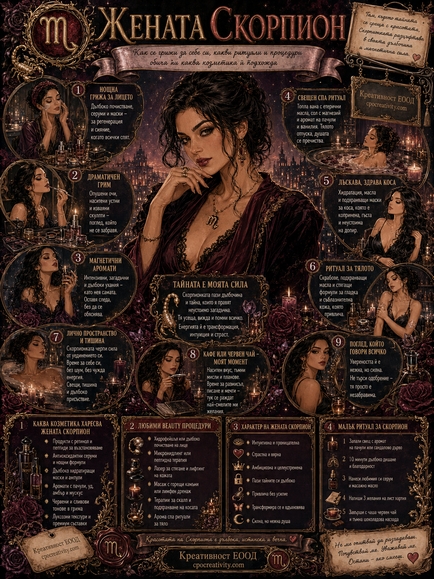 AI инфографика за жена Скорпион и драматична beauty визия