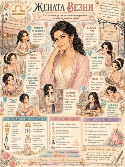 AI инфографика за жена Везни и естетичен beauty стил